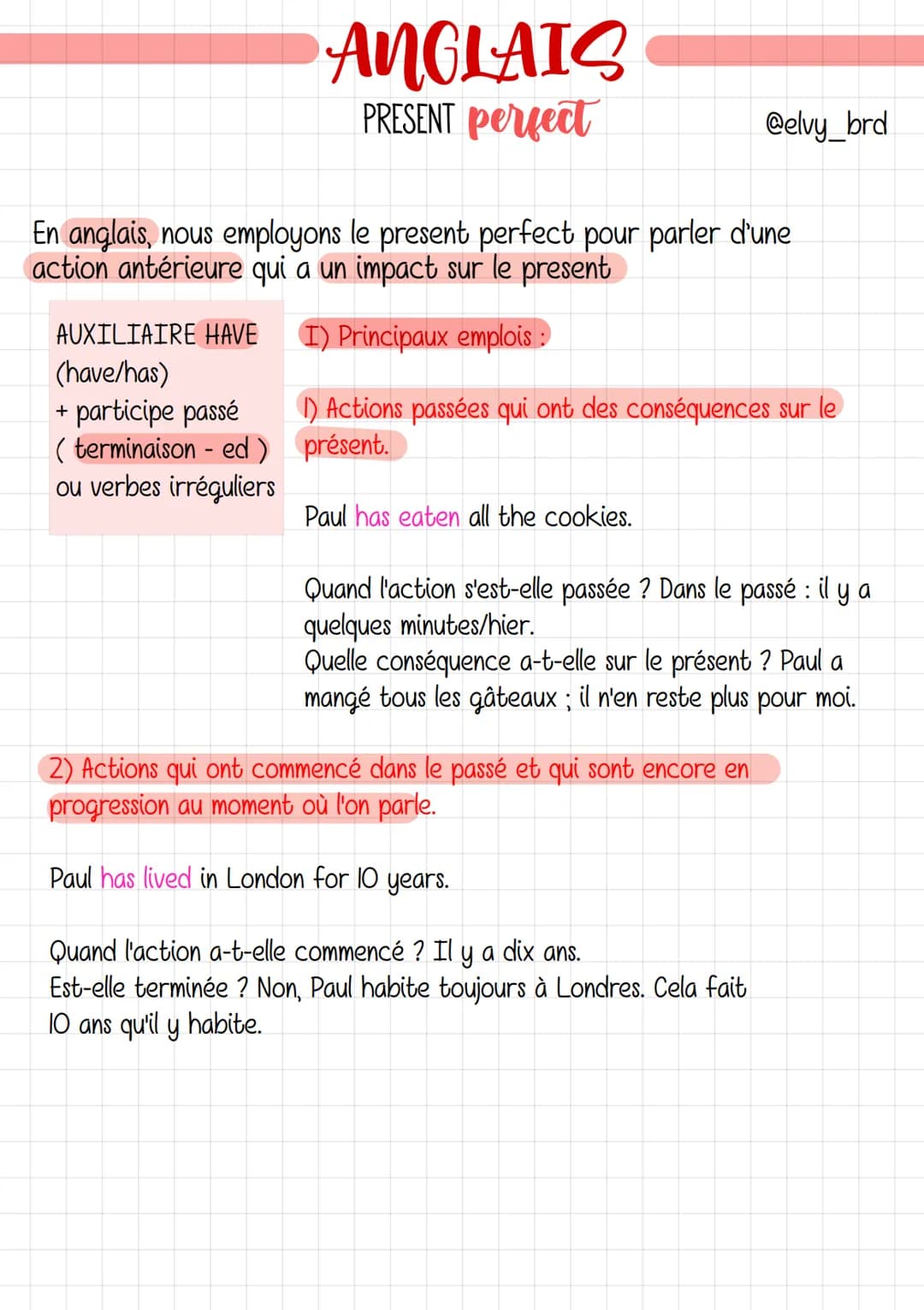 ANGLAIS
PRESENT perfect
En anglais, nous employons le present perfect pour parler d'une
action antérieure qui a un impact sur le present
AUX