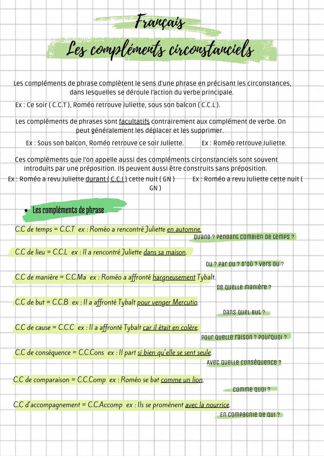 Exercices et exemples des compléments circonstanciels et expansions du nom pour les CM1-CM2