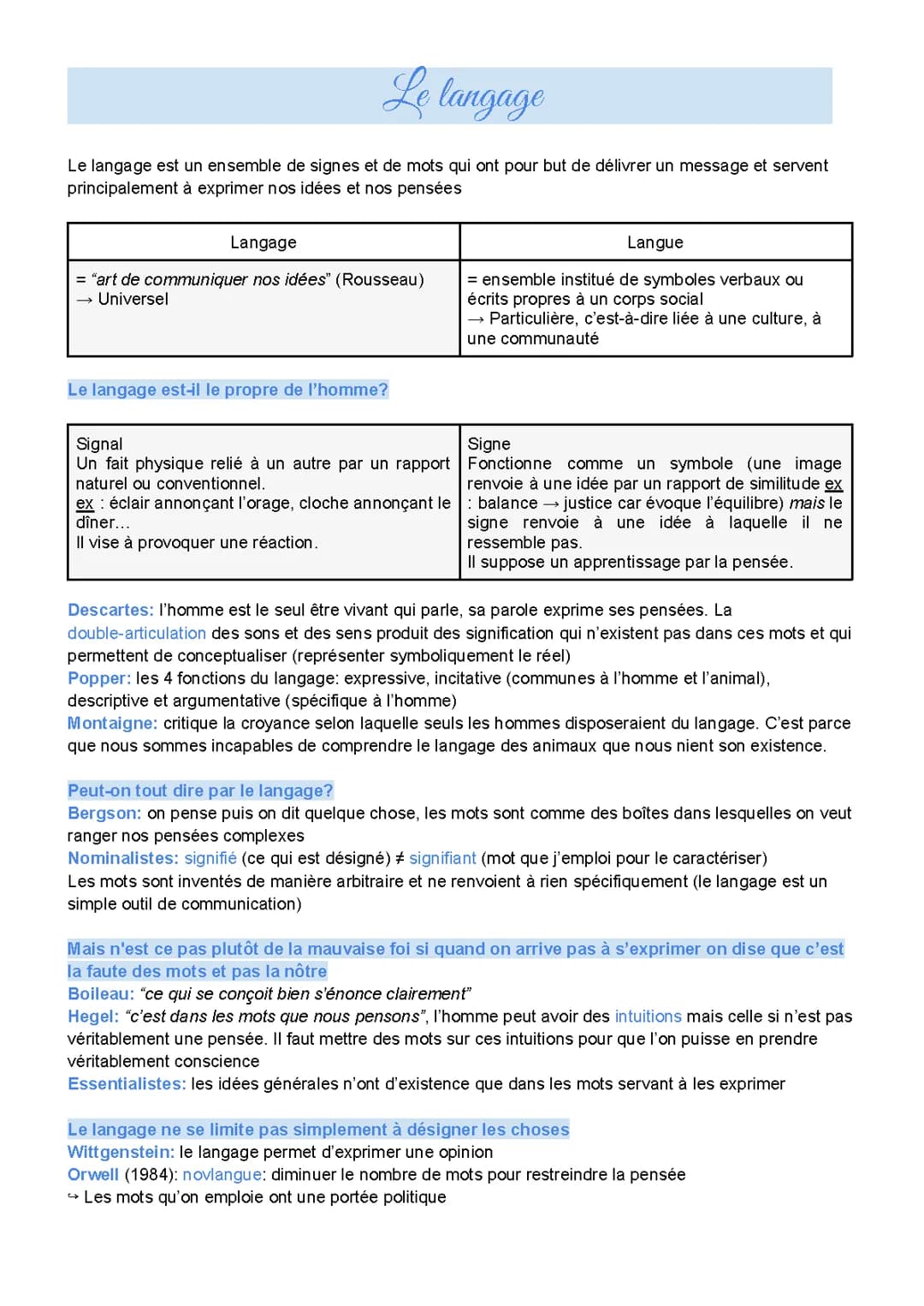 Le Langage en Philosophie - Fiche Terminale avec Citations et Sujets Corrigés