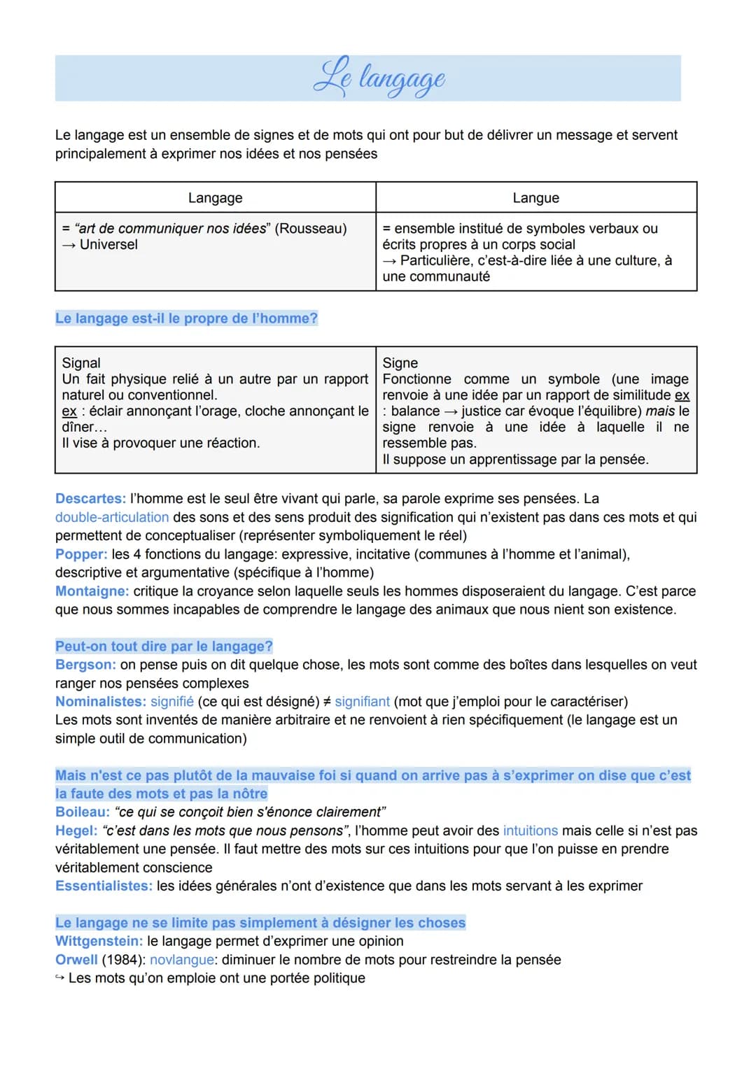 Le langage
Le langage est un ensemble de signes et de mots qui ont pour but de délivrer un message et servent
principalement à exprimer nos 