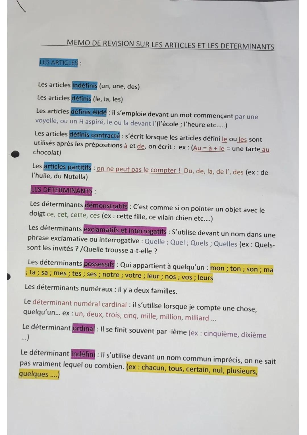 MEMO DE REVISION SUR LES ARTICLES ET LES DETERMINANTS
LES ARTICLES:
Les articles indéfinis (un, une, des)
Les articles définis (le, la, les)