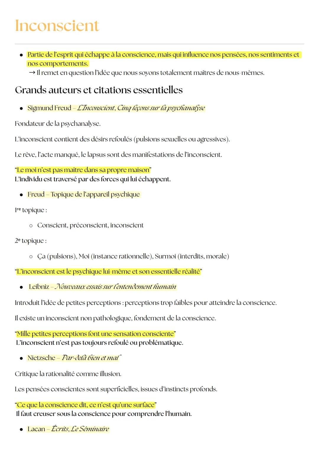 Inconscient
• Partie de l'esprit qui échappe à la conscience, mais qui influence nos pensées, nos sentiments et
nos comportements.
→ Il reme