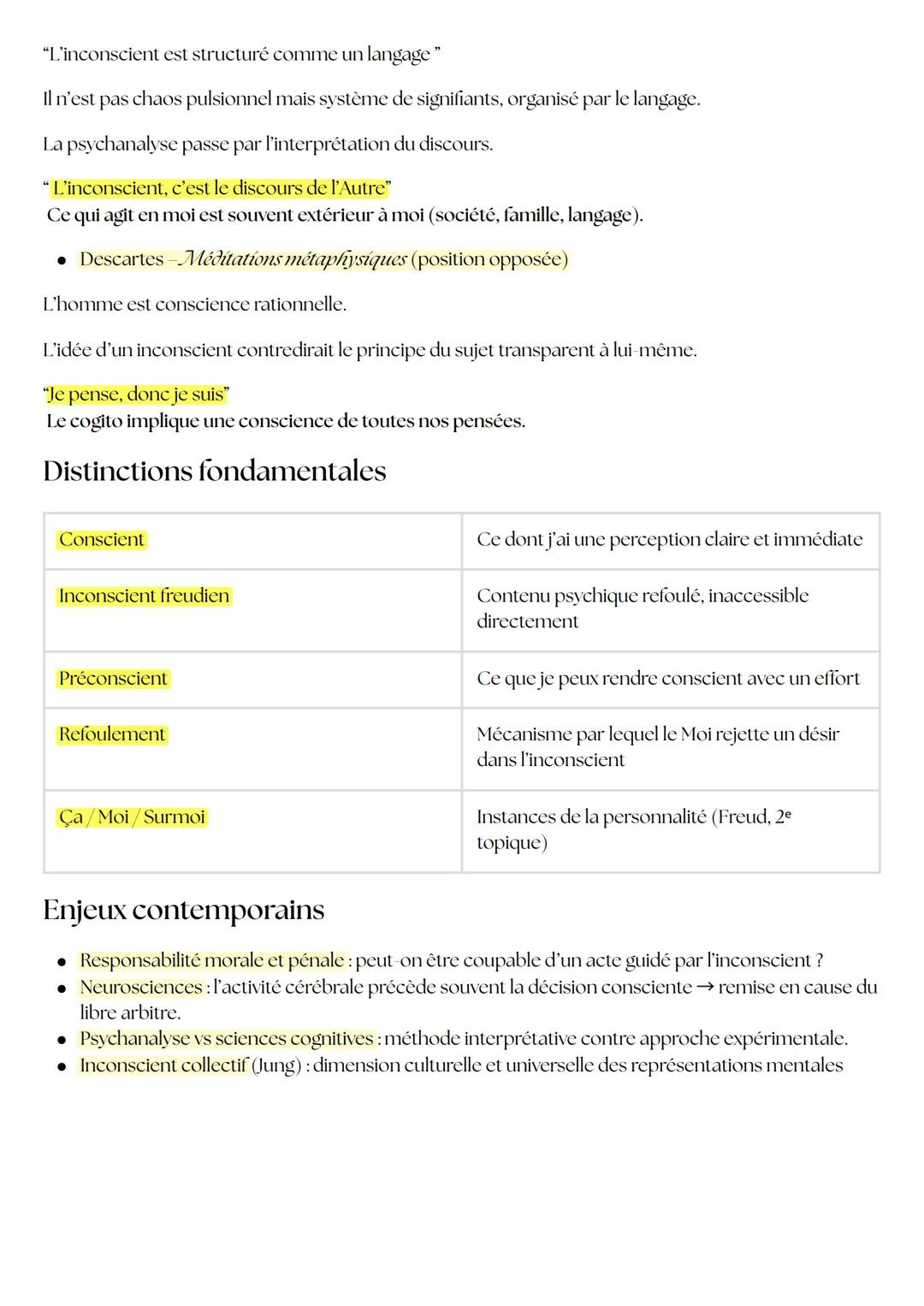 Inconscient
• Partie de l'esprit qui échappe à la conscience, mais qui influence nos pensées, nos sentiments et
nos comportements.
→ Il reme