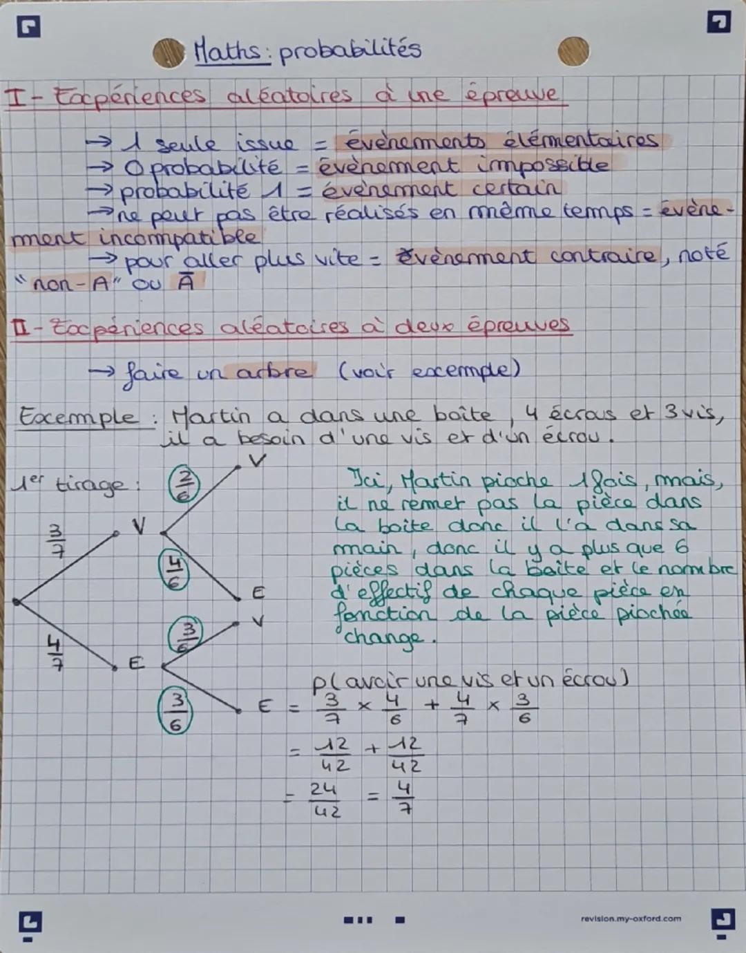 Maths: probabilités

I-Eaxpériences aléatoires à une épreuve

→ seule issue = événements élémentaires
→ O probabilité = évènement impossible