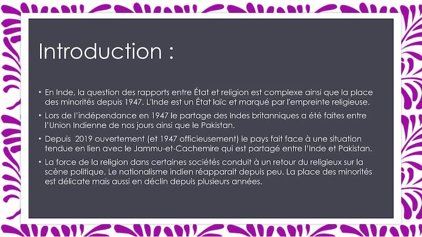 W
QUELLE EST LA PLACE DES MINORITÉS
RELIGIEUSES EN INDE DEPUIS
L'INDÉPENDANCE?
Emilie DHAINE
KMANNA
yan Sommaire :
• Introduction
●
●
●
L'in