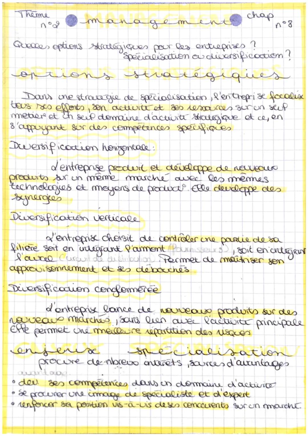 Theme
n°2
# management chap
n°8
Quecces options stratégiques pour les entreprises?
Specialisation a diversification?
# options stratégiques
