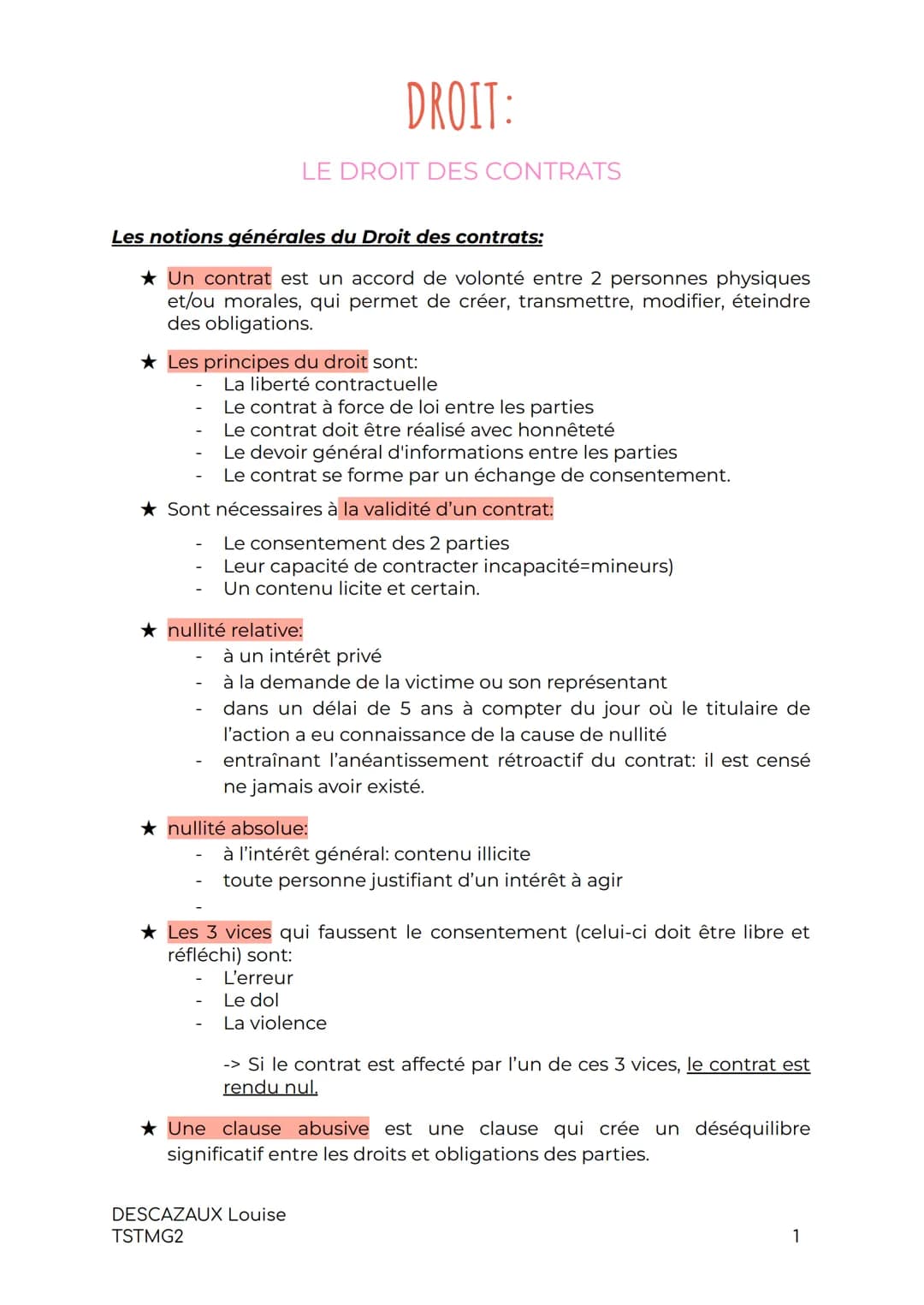 DROIT:
LE DROIT DES CONTRATS
Les notions générales du Droit des contrats:
Un contrat est un accord de volonté entre 2 personnes physiques
et