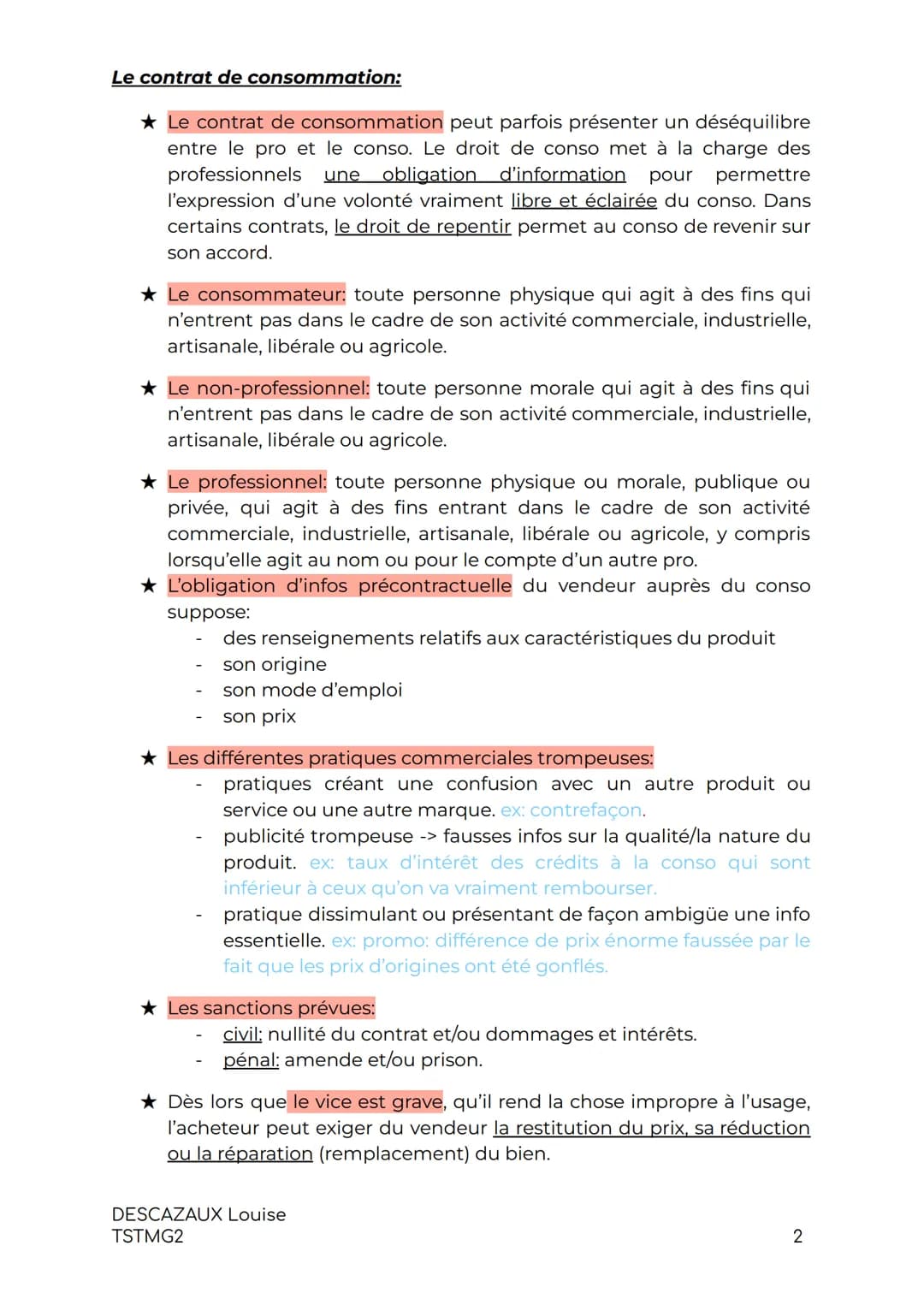 DROIT:
LE DROIT DES CONTRATS
Les notions générales du Droit des contrats:
Un contrat est un accord de volonté entre 2 personnes physiques
et