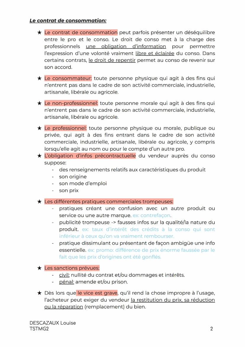 DROIT:
LE DROIT DES CONTRATS
Les notions générales du Droit des contrats:
Un contrat est un accord de volonté entre 2 personnes physiques
et