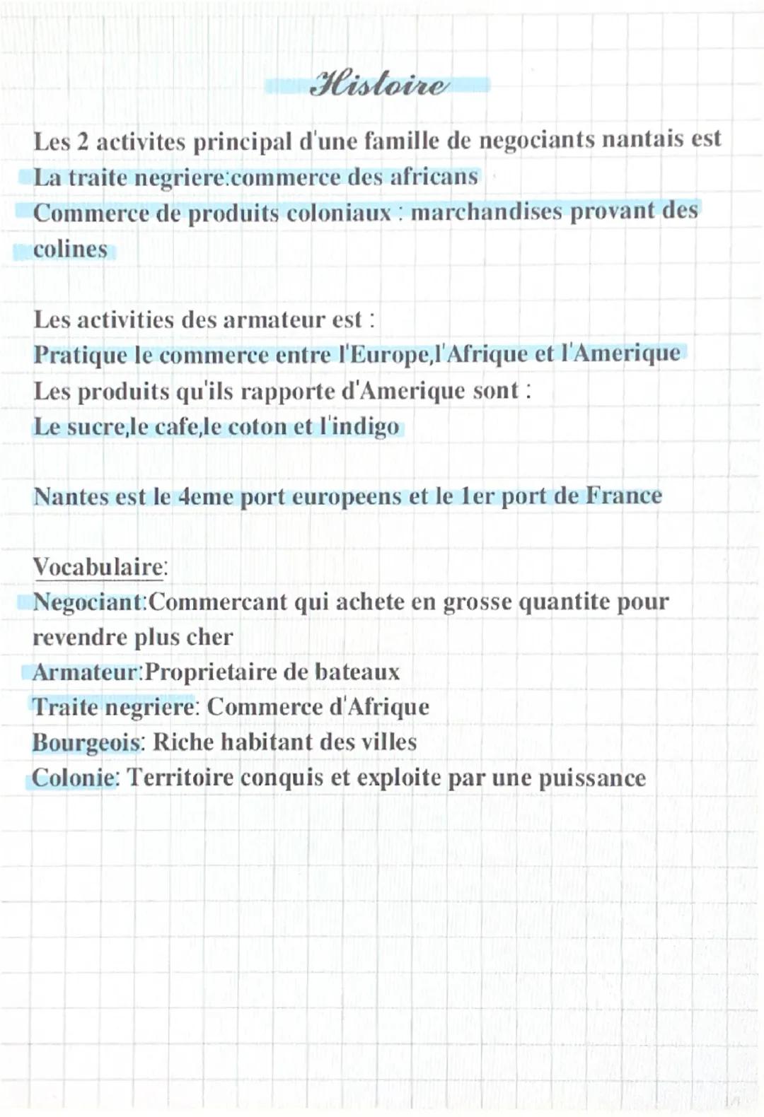 Histoire
Les 2 activites principal d'une famille de negociants nantais est
La traite negriere:commerce des africans
Commerce de produits col