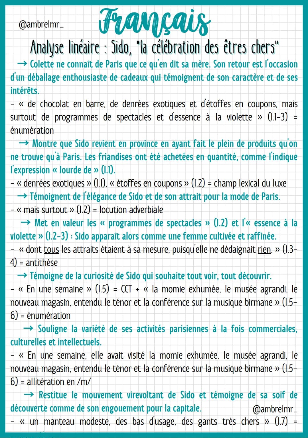 @ambrelmr_
Français
Analyse linéaire: Sido, "la célébration des êtres chers"
INTRODUCTION
Présentation du texte :
→ Auteur : Colette, de son
