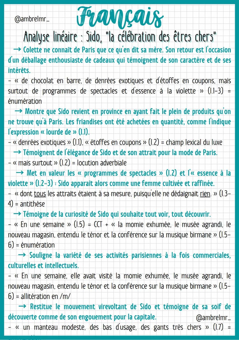 @ambrelmr_
Français
Analyse linéaire: Sido, "la célébration des êtres chers"
INTRODUCTION
Présentation du texte :
→ Auteur : Colette, de son