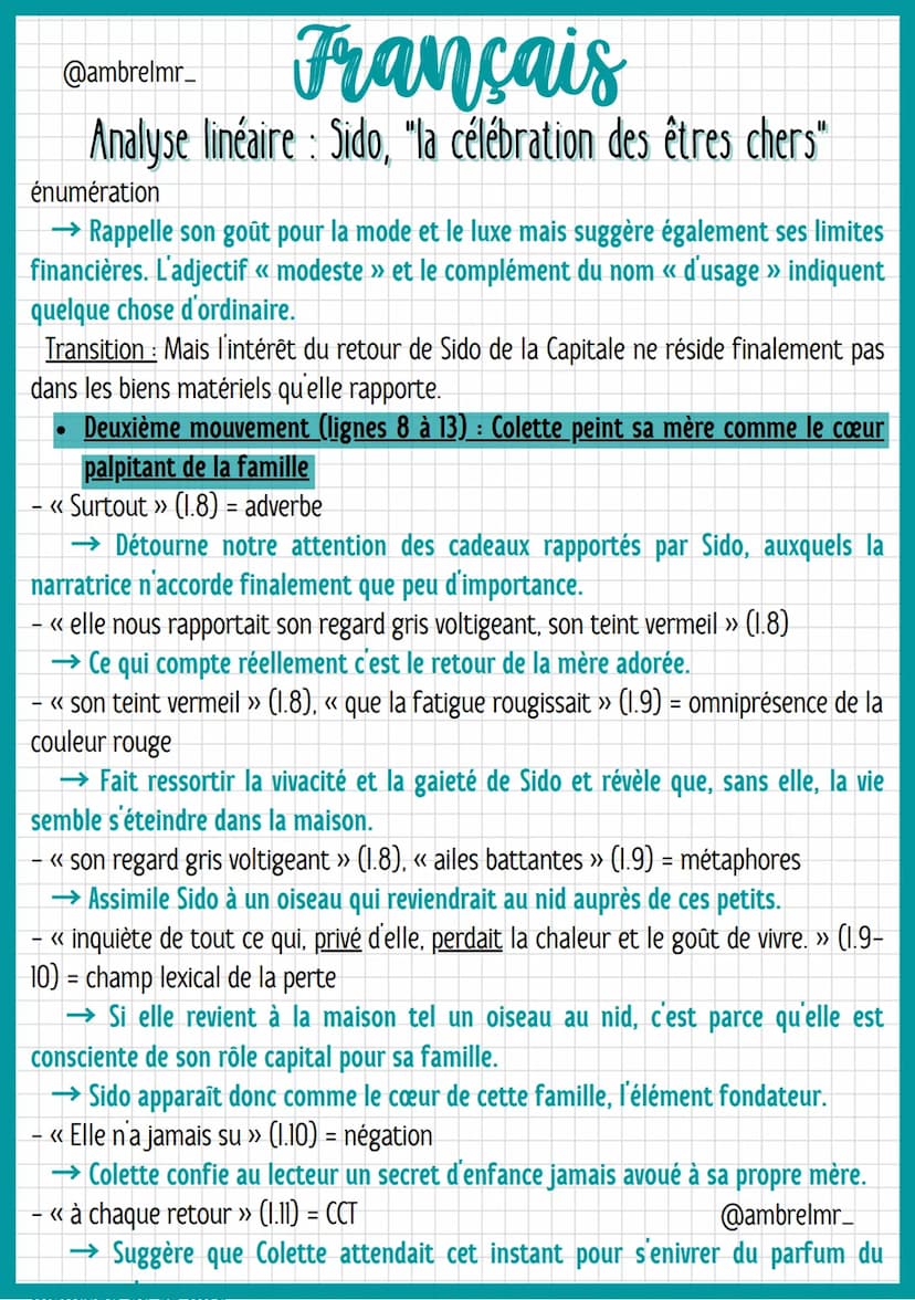 @ambrelmr_
Français
Analyse linéaire: Sido, "la célébration des êtres chers"
INTRODUCTION
Présentation du texte :
→ Auteur : Colette, de son