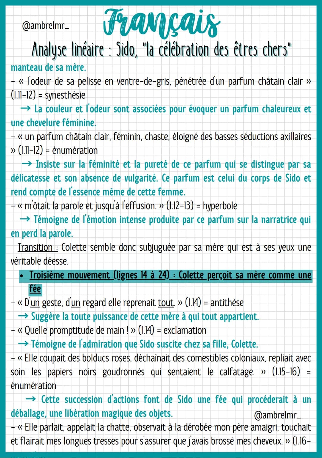 @ambrelmr_
Français
Analyse linéaire: Sido, "la célébration des êtres chers"
INTRODUCTION
Présentation du texte :
→ Auteur : Colette, de son