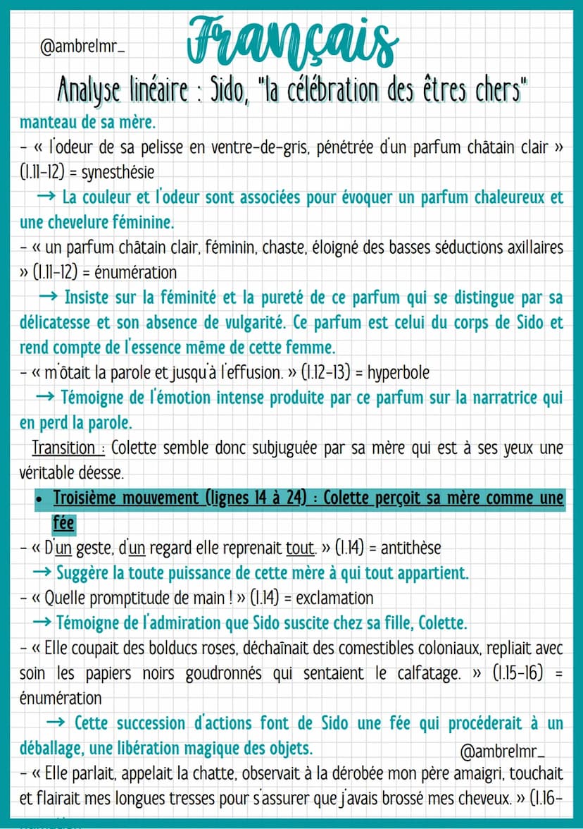 @ambrelmr_
Français
Analyse linéaire: Sido, "la célébration des êtres chers"
INTRODUCTION
Présentation du texte :
→ Auteur : Colette, de son