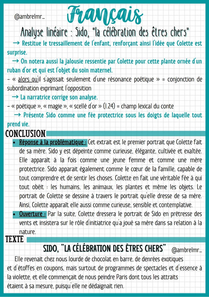 @ambrelmr_
Français
Analyse linéaire: Sido, "la célébration des êtres chers"
INTRODUCTION
Présentation du texte :
→ Auteur : Colette, de son