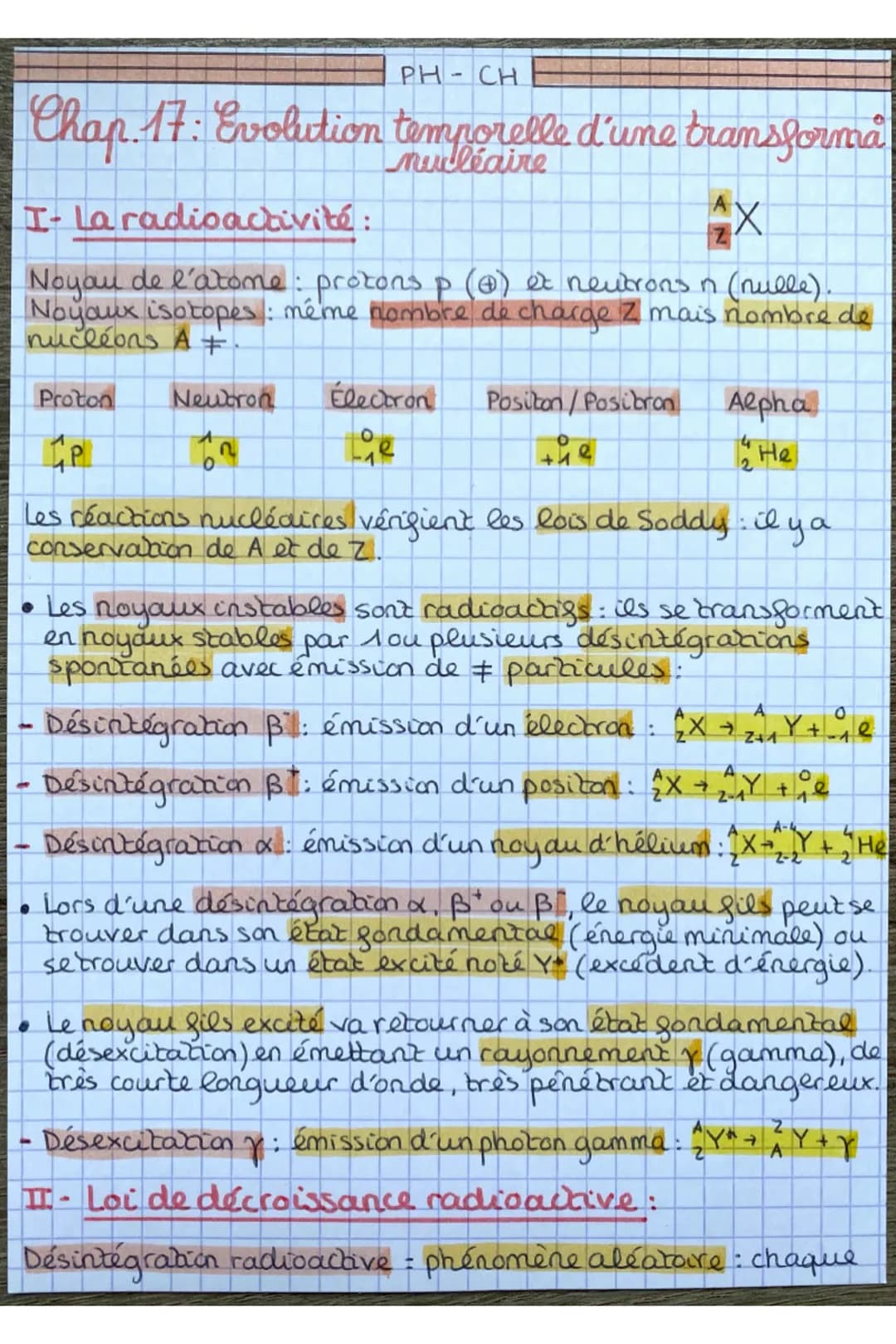 PH CH
Chap. 17: Evolution temporelle d'une transforma
I- La radioactivité:
Noyau de l'atome: protons p (@) et neutrons n (nulle).
Noyaux iso