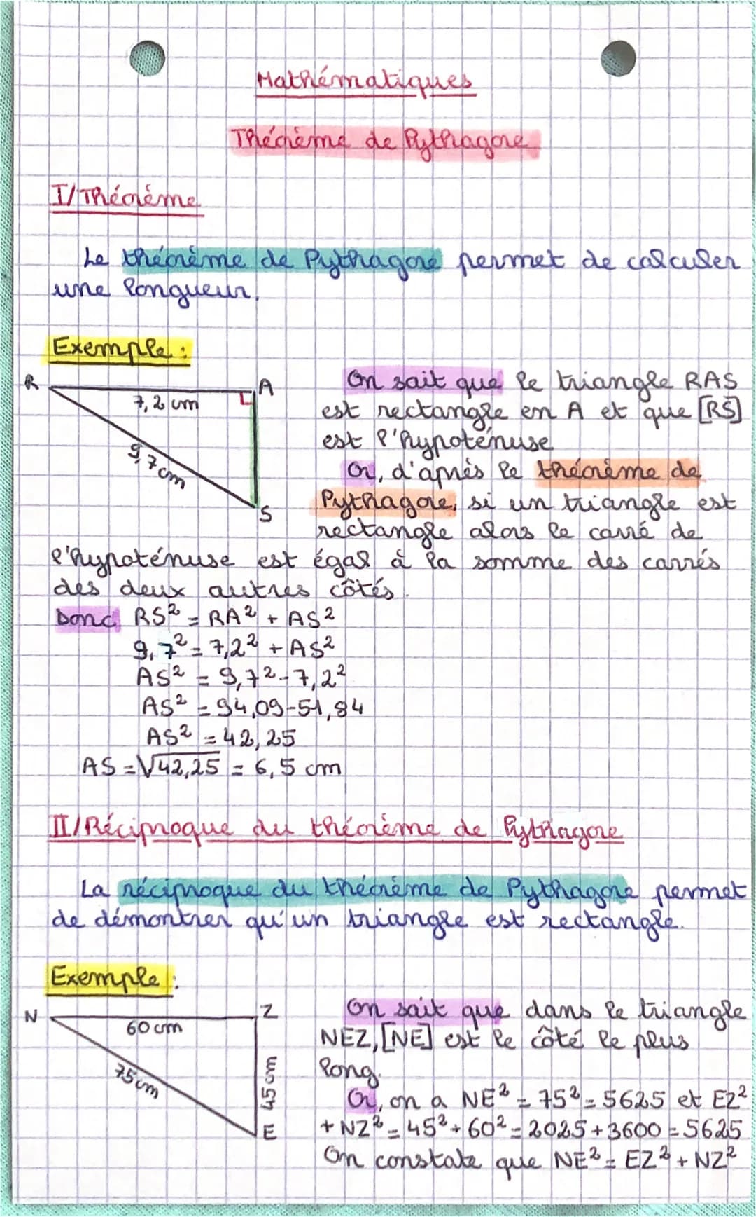 N
T/ Théorème
Le théorème de Pythagore permet de calculer.
une longueur
Exemple:
7,2 cm
9,7cm
Mathématiques
The crème de Pythagore
A
Or, d'a