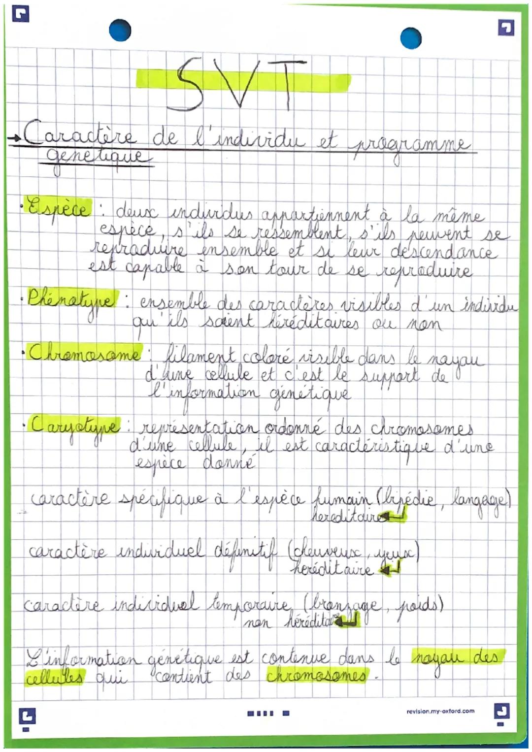 SVT
•Caractère de l'individu et
genetique
programme
• Espèce : deux individus appartiennent à la même
espèce, s'ils se ressemblent, s'ils pe