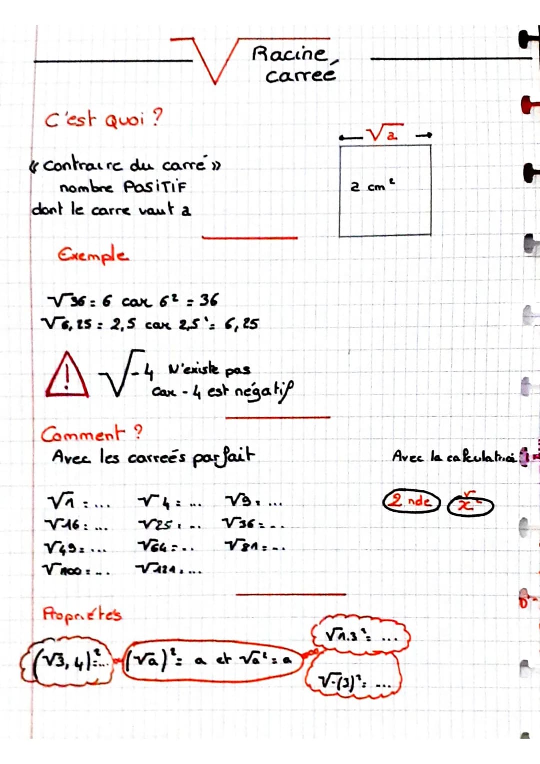 C'est quoi ?
contraire du carre »
nombre POSITIF
dont le carre vant a
Exemple
√36= 6 car 6² = 36
V6, 25: 2,5 car 2,5 = 6,25
Racine,
carree
A