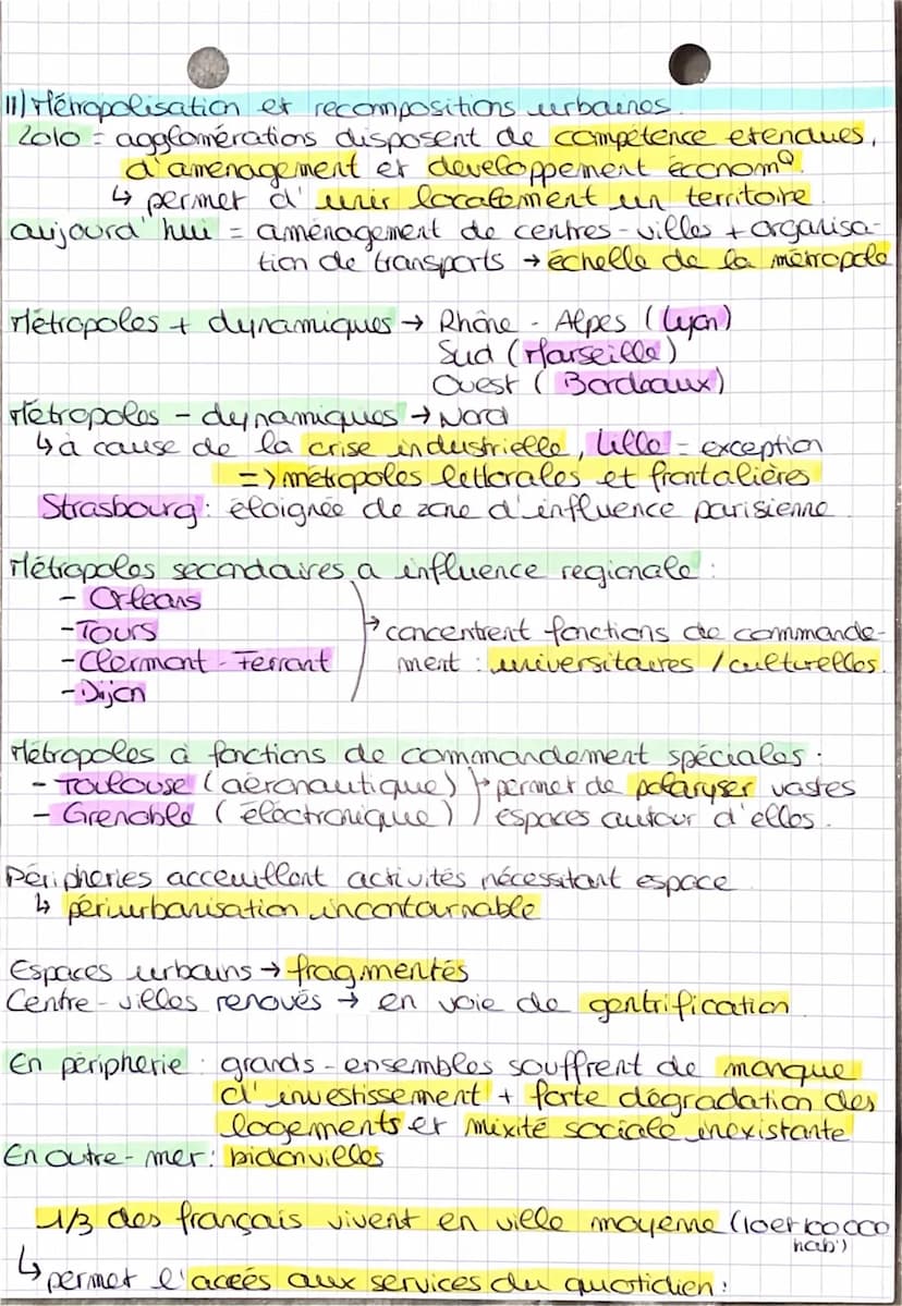 Geographie - Thmn 1 - Chpt 2
Paris + grandes metropoles
se développent
4 importantes conséquences
dans hierarchie et resean urbain
1) la dom