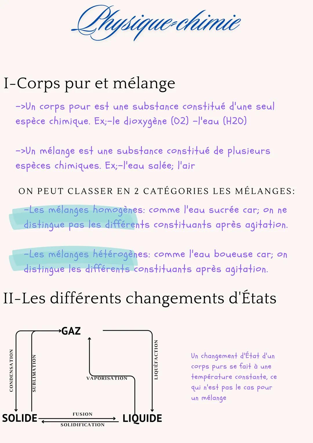 I- Corps pour et mélanges, II-Les différents changements d'États. 