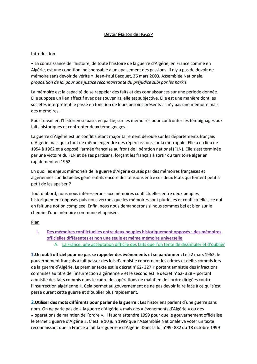 Introduction
<< La connaissance de l'histoire, de toute l'histoire de la guerre d'Algérie, en France comme en
Algérie, est une condition ind