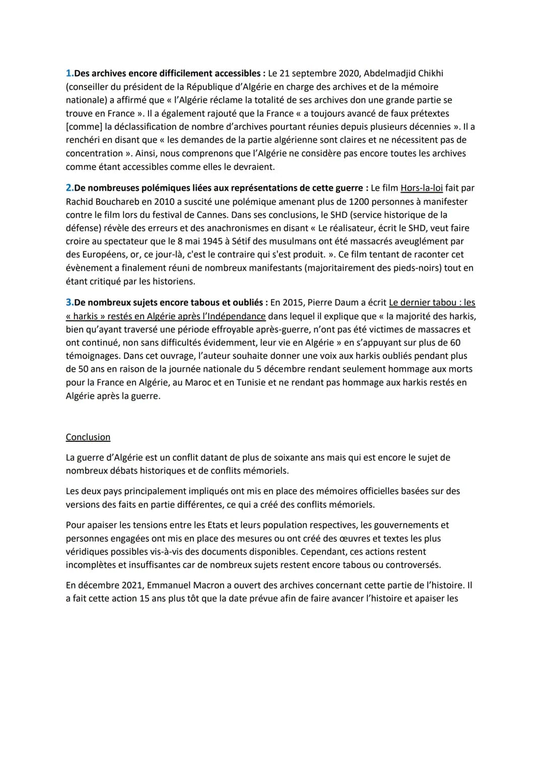 Introduction
<< La connaissance de l'histoire, de toute l'histoire de la guerre d'Algérie, en France comme en
Algérie, est une condition ind