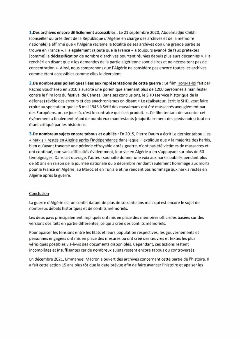 Introduction
<< La connaissance de l'histoire, de toute l'histoire de la guerre d'Algérie, en France comme en
Algérie, est une condition ind