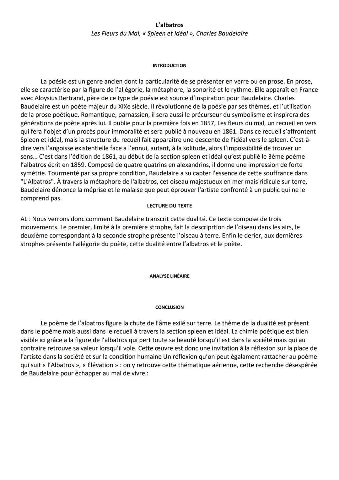 L'albatros
Les Fleurs du Mal, « Spleen et Idéal », Charles Baudelaire
INTRODUCTION
La poésie est un genre ancien dont la particularité de se