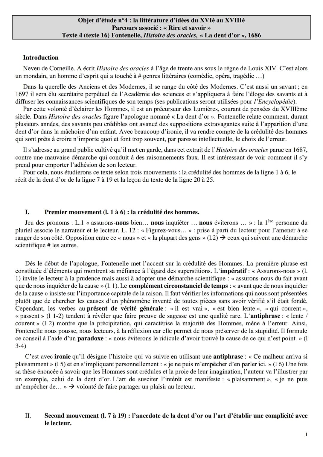 Objet d'étude n°4 : la littérature d'idées du XVIè au XVIIIè
Parcours associé : « Rire et savoir »
Texte 4 (texte 16) Fontenelle, Histoire d