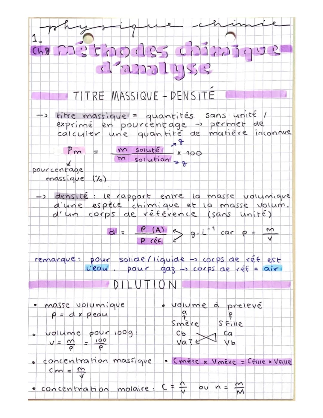 phy
1
the mosthodes chimique
d'analyse
TITRE MASSIQUE - DENSITE
-> titre massique = quantités
exprimé en pourcentage
calculer
quantité de
un