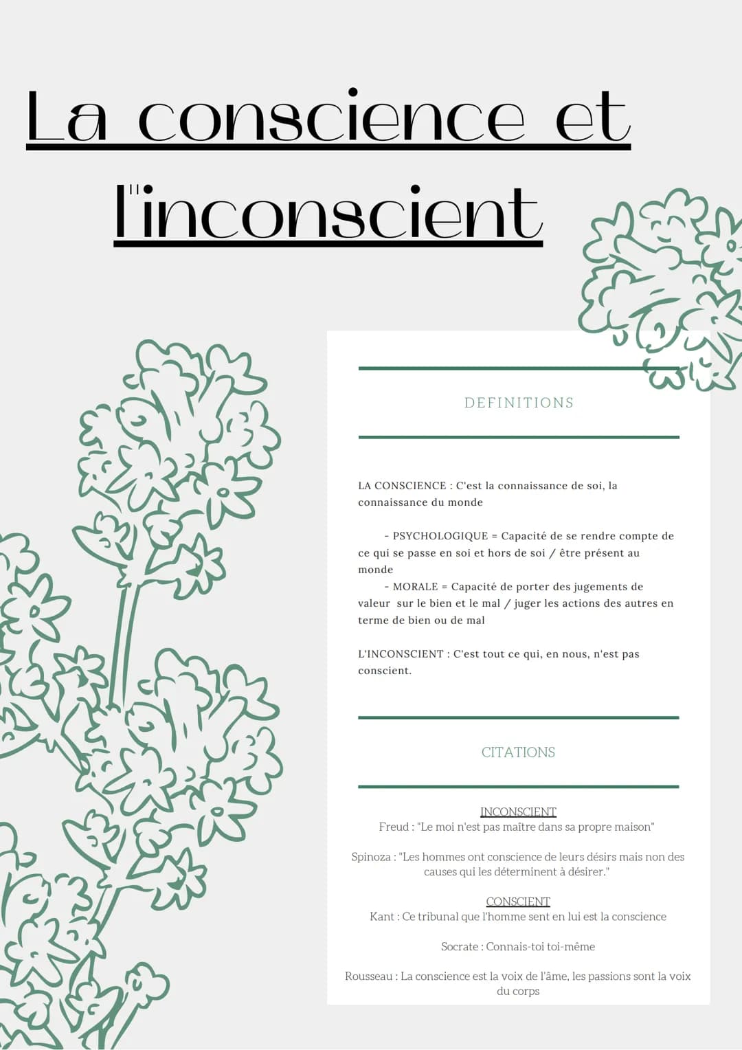 La conscience et
l'inconscient
DEFINITIONS
LA CONSCIENCE : C'est la connaissance de soi, la
connaissance du monde
- PSYCHOLOGIQUE = Capacité