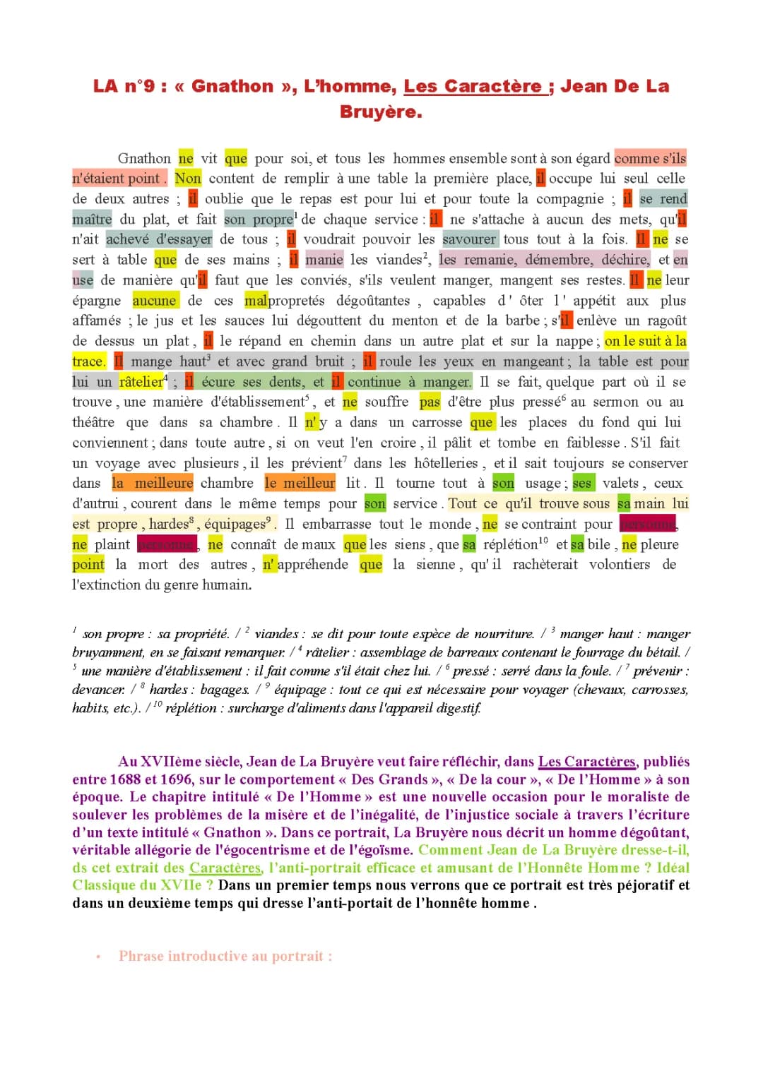 Analyse linéaire de Gnathon Les Caractères livre XI de La Bruyère