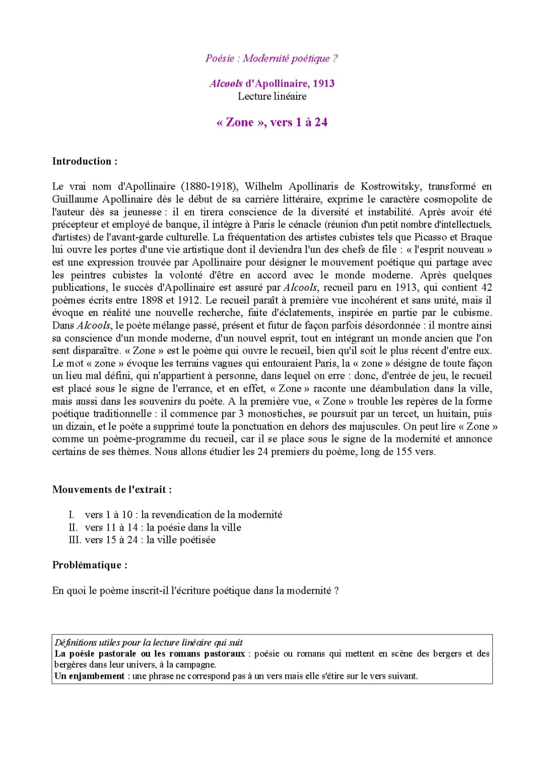 Analyse linéaire Zone Apollinaire vers 1 à 24 et PDF de Zone Apollinaire