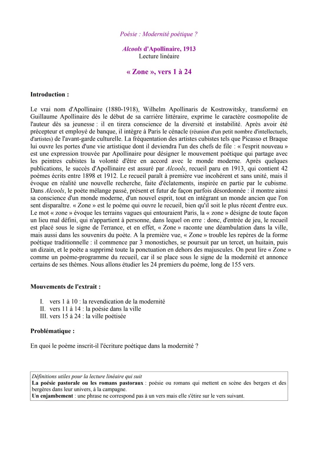 Introduction :
Poésie: Modernité poétique ?
Alcools d'Apollinaire, 1913
Lecture linéaire
<< Zone », vers 1 à 24
Le vrai nom d'Apollinaire (1
