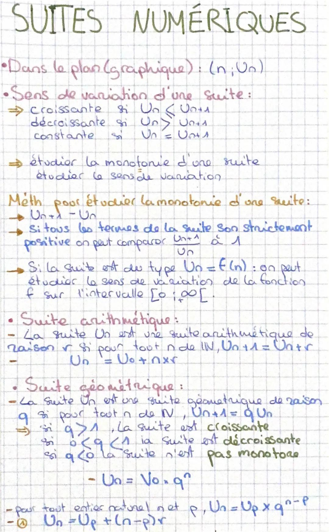 SUITES NUMÉRIQUES
•Dans le plan (graphique): (n; Un)
•Sens de variation d'une suite:
⇒ croissante si Un (Unti
décroissante si Uny Unts.
cons