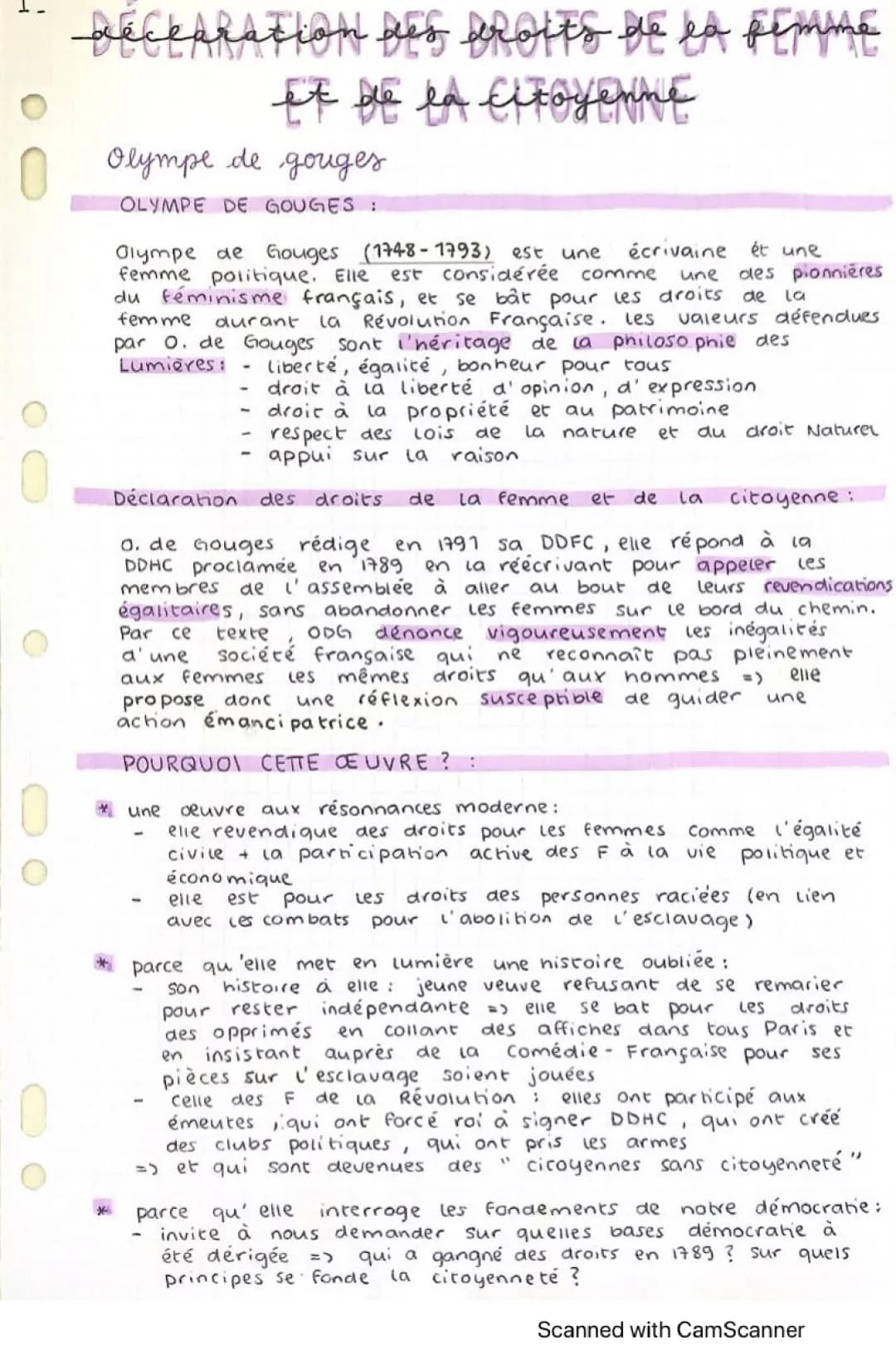 Fiche de Lecture Déclaration des Droits de la Femme et de la Citoyenne PDF - Résumé Olympe de Gouges et Analyse Linéaire