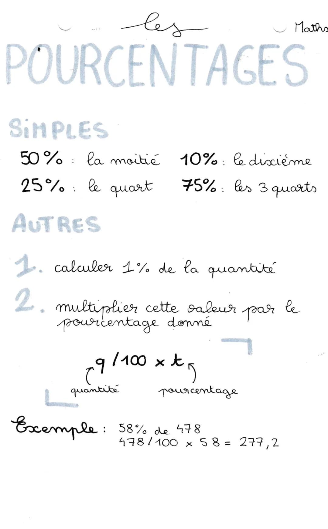 POURCENTAGES
SIMPLES
50% la moitié
25% le quart
AUTRES
:
:
1. calculer 1% de la quantité
2.
par le
multiplier cette valeur
pourcentage donné