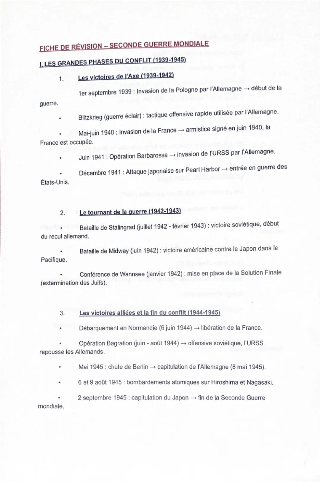--- OCR Start ---
FICHE DE RÉVISION - SECONDE GUERRE MONDIALE
I. LES GRANDES PHASES DU CONFLIT (1939-1945)
1.
Les victoires de l'Axe (1939-1