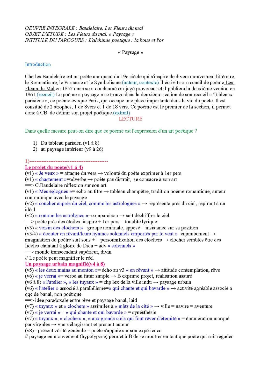 explication linéaire " paysage" des fleurs du mal de Baudelaire, bac de français oral