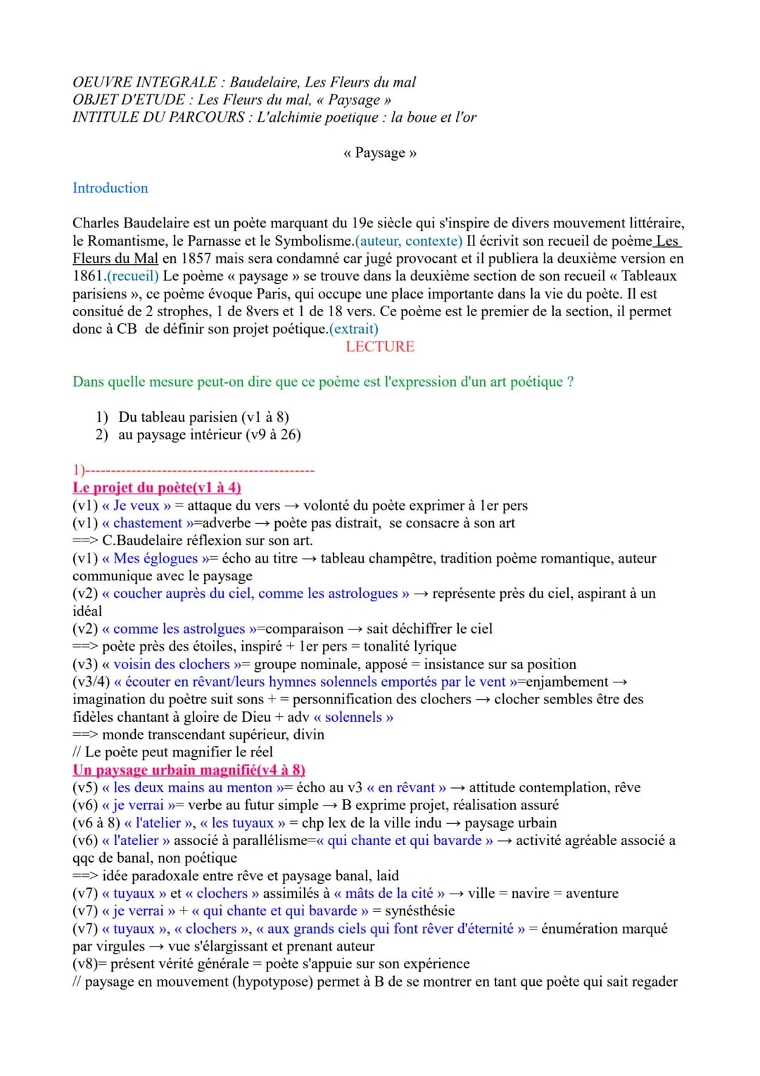 OEUVRE INTEGRALE: Baudelaire, Les Fleurs du mal
OBJET D'ETUDE: Les Fleurs du mal, « Paysage »
INTITULE DU PARCOURS : L'alchimie poetique : l