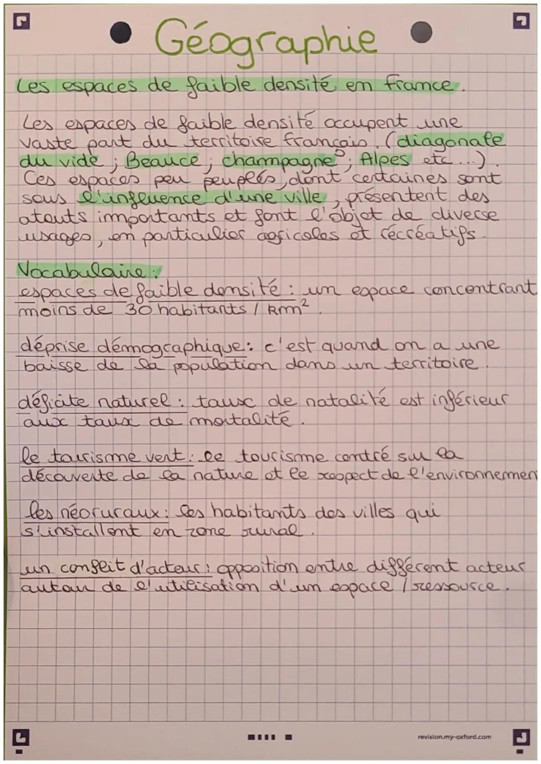 Géographie
Les espaces de faible densité en France.
Les espaces de faible densité occupent une
vaste part du territoire français, (diagonale