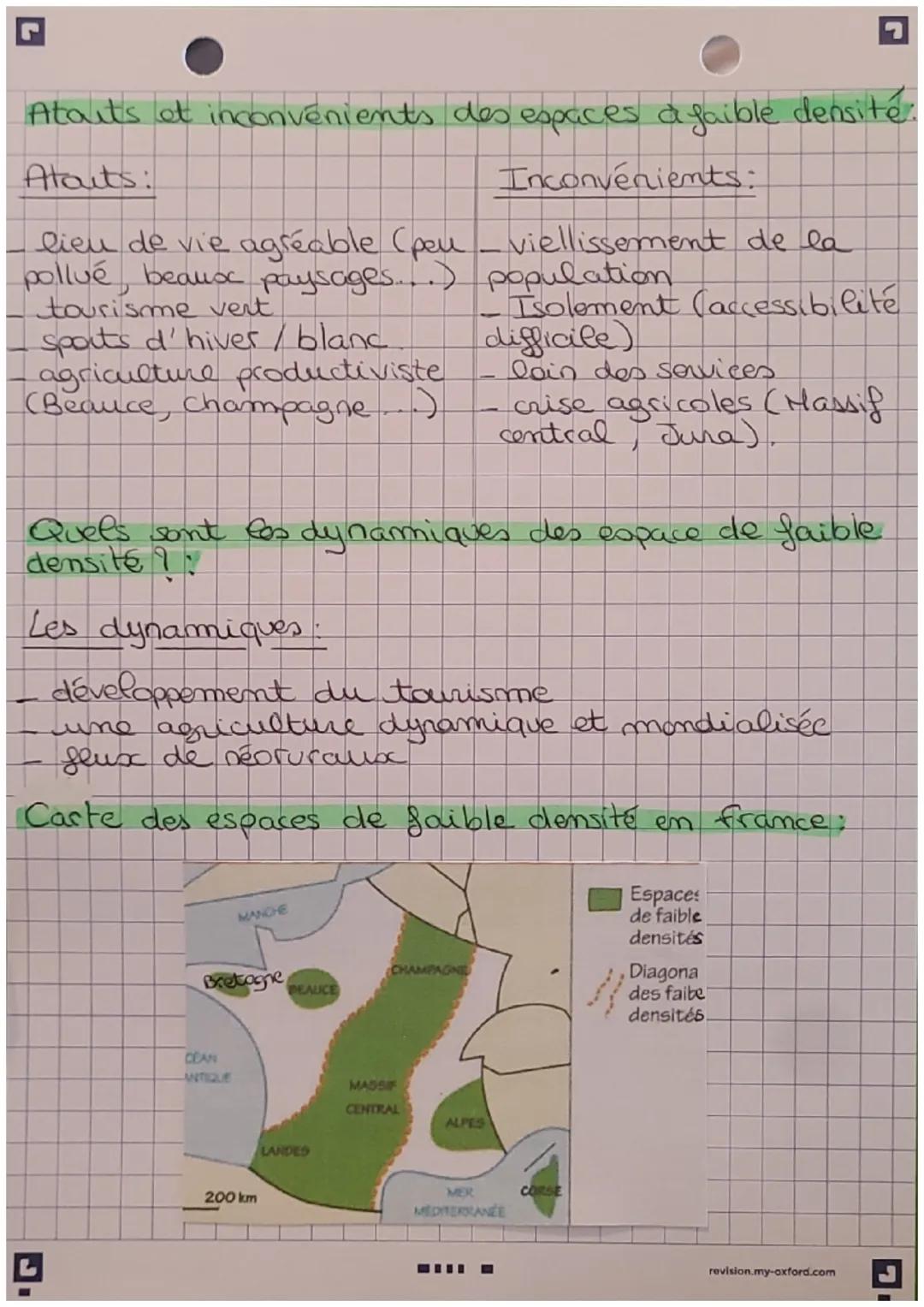 Géographie
Les espaces de faible densité en France.
Les espaces de faible densité occupent une
vaste part du territoire français, (diagonale