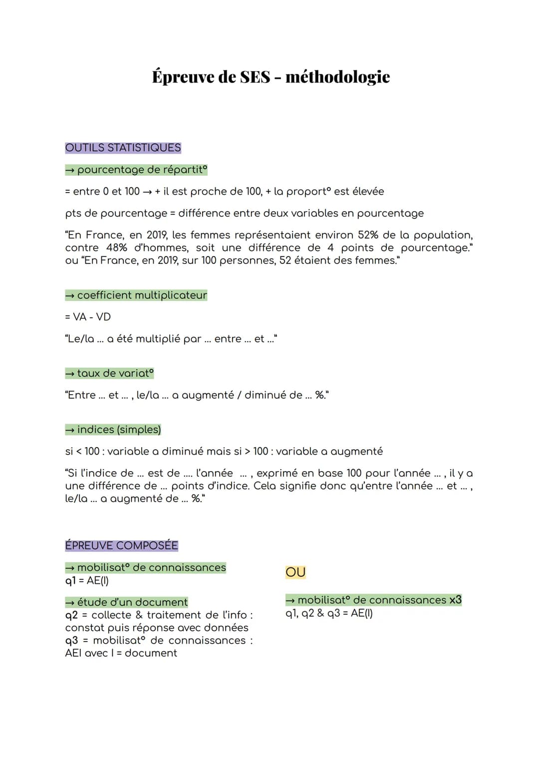 Épreuve de SES – méthodologie
OUTILS STATISTIQUES
→ pourcentage de répartitº
= entre 0 et 100 → + il est proche de 100, + la proportº est él