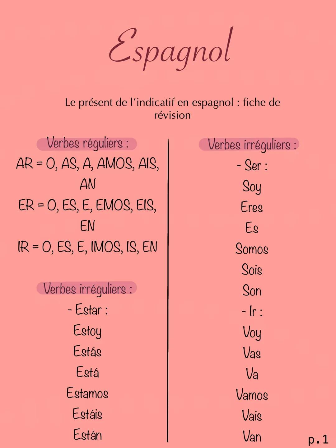 Espagnol
Le présent de l'indicatif en espagnol : fiche de
révision
Verbes réguliers :
AR = 0, AS, A, AMOS, AIS,
AN
ER = O, ES, E, EMOS, EIS,