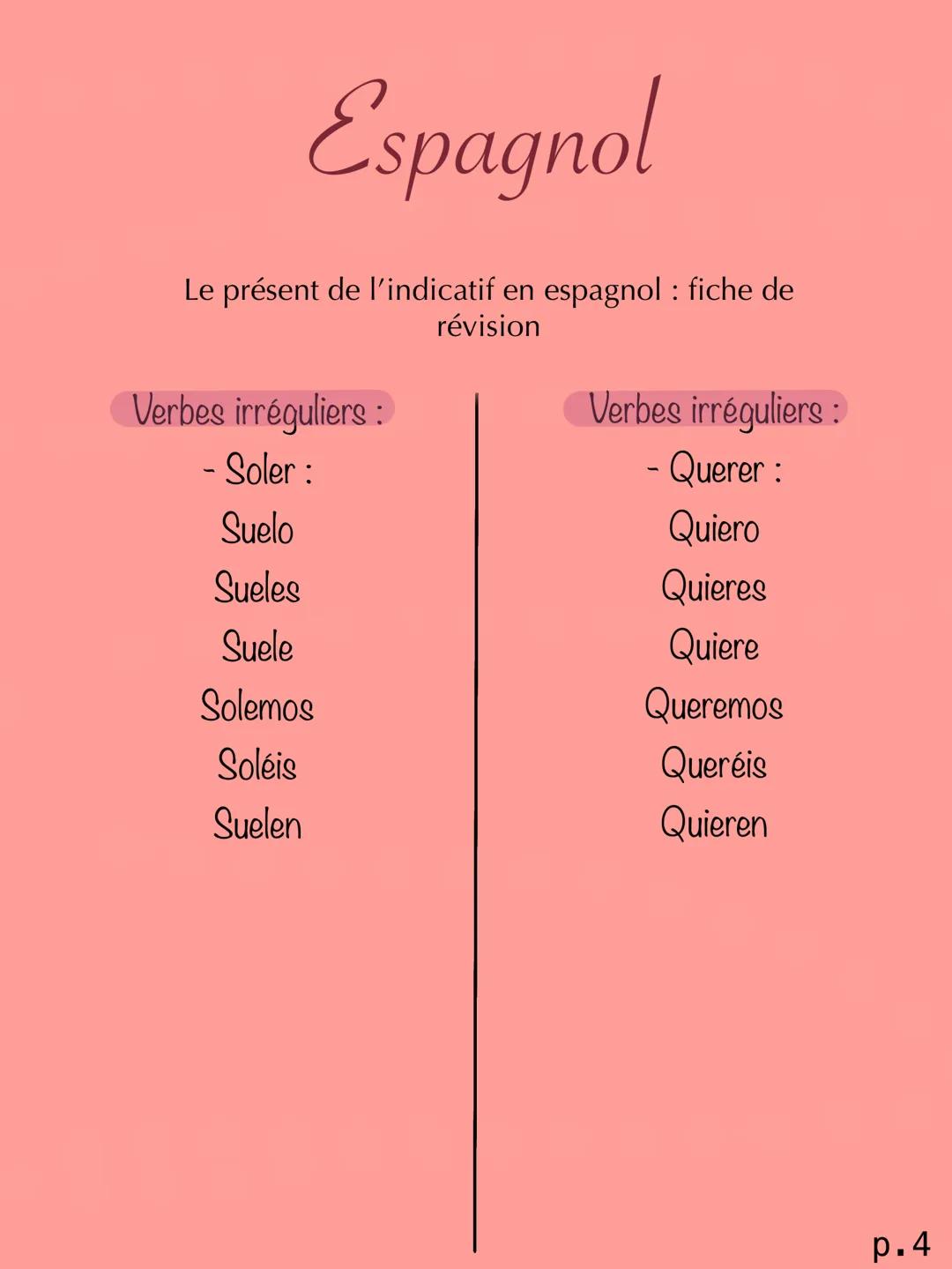Espagnol
Le présent de l'indicatif en espagnol : fiche de
révision
Verbes réguliers :
AR = 0, AS, A, AMOS, AIS,
AN
ER = O, ES, E, EMOS, EIS,