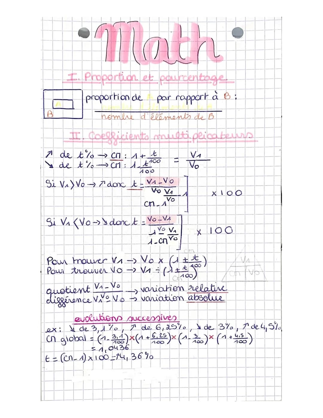 B
Math
I. Proportion et pourcentage
proportion de par rapport à B:
nombre d'éléments de B
I. Coegricients multiplicateurs
1 de t%
→ CM : 1+ 