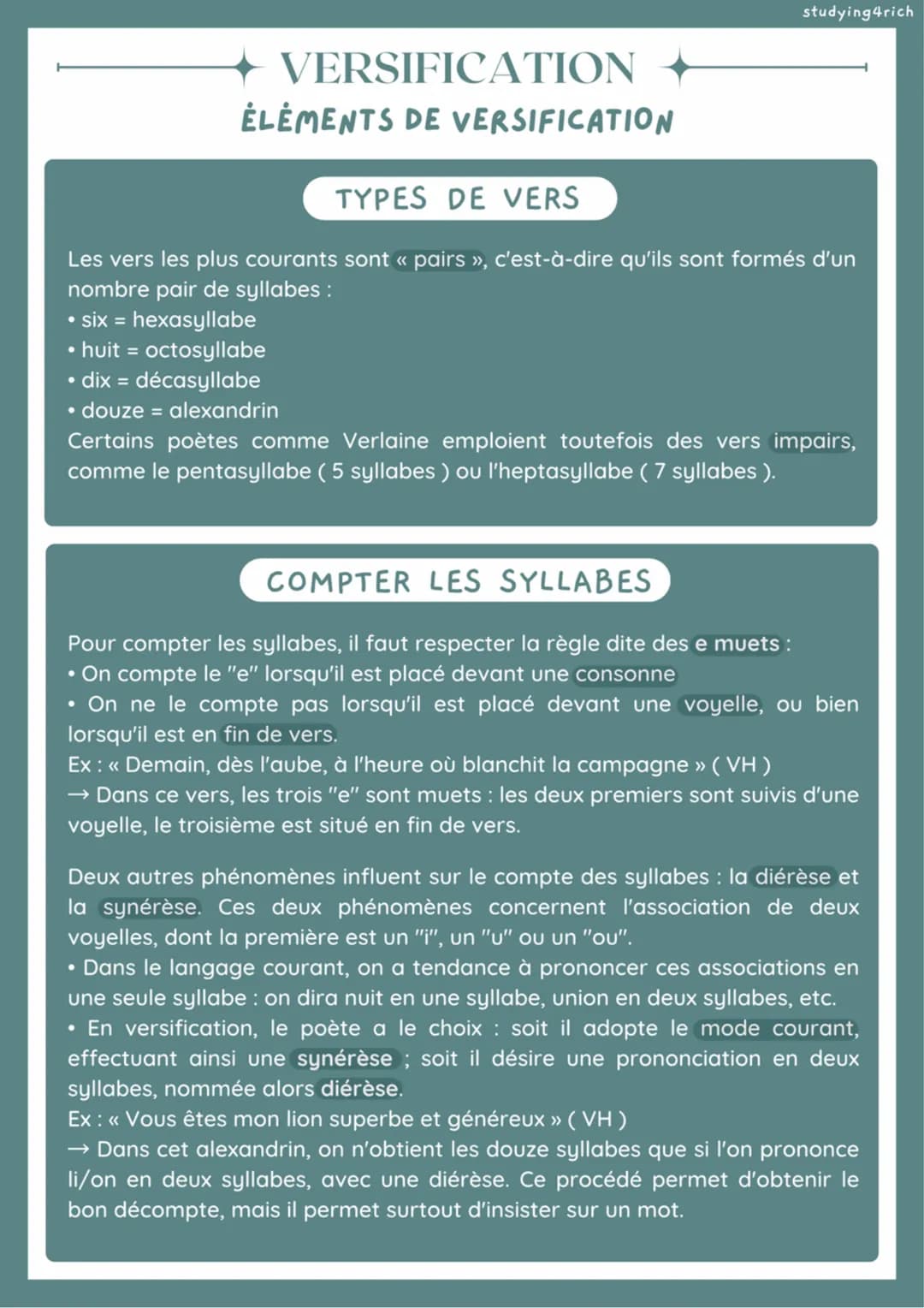 VERSIFICATION
ELEMENTS DE VERSIFICATION
TYPES DE VERS
Les vers les plus courants sont « pairs », c'est-à-dire qu'ils sont formés d'un
nombre