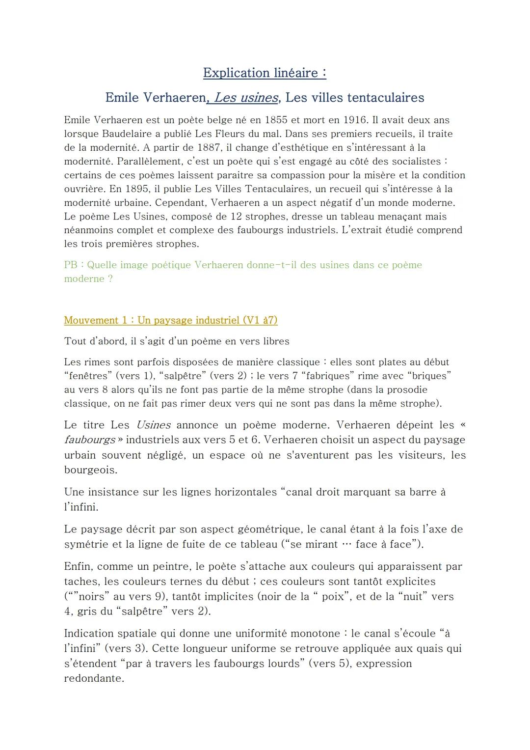 # Explication linéaire :

Emile Verhaeren, Les usines, Les villes tentaculaires

Emile Verhaeren est un poète belge né en 1855 et mort en 19
